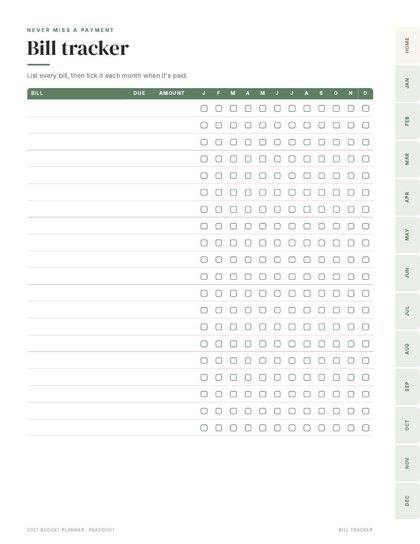 Printable yearly bill tracker page for 2027