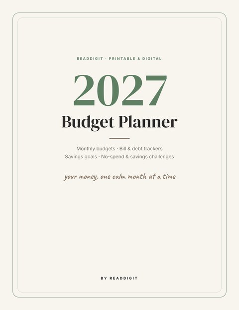 2027 Budget Planner printable and digital PDF cover by Readdigit