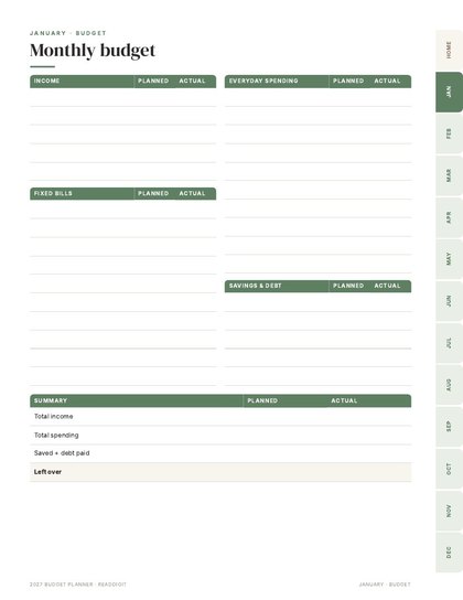 Monthly budget template page: income, fixed bills, everyday spending, savings and debt