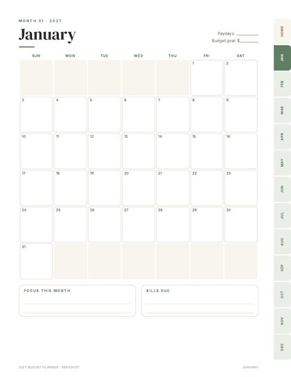 January 2027 monthly calendar page from the printable budget planner with clickable month tabs