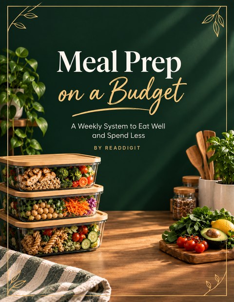 Cover of the Meal Prep on a Budget ebook: a weekly system to eat well and spend less